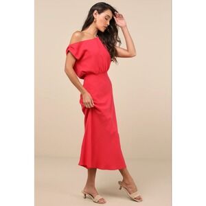 Lulus Casual Enchantment Red Linen Off-the-Shoulder Midi Dress Size M Party